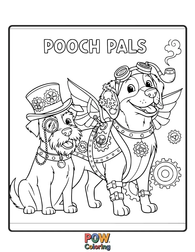 Free coloring page of Charming dogs reimagined with whimsical steampunk gears, goggles, and brass accents, ready for an adventurous, mechanical coloring journey.