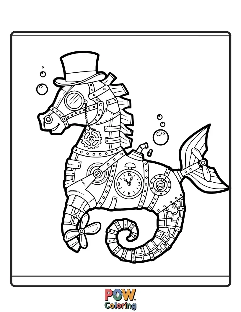 Free coloring page of A creative seahorse adorned with intricate gears, pipes, and goggles, embodying a whimsical steampunk aesthetic.