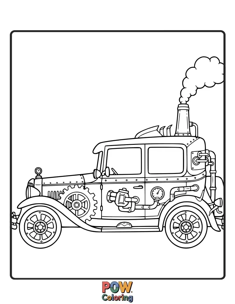 Free coloring page of An intricate car with gears, pipes, and brass accents, ready for a Victorian-era road trip.