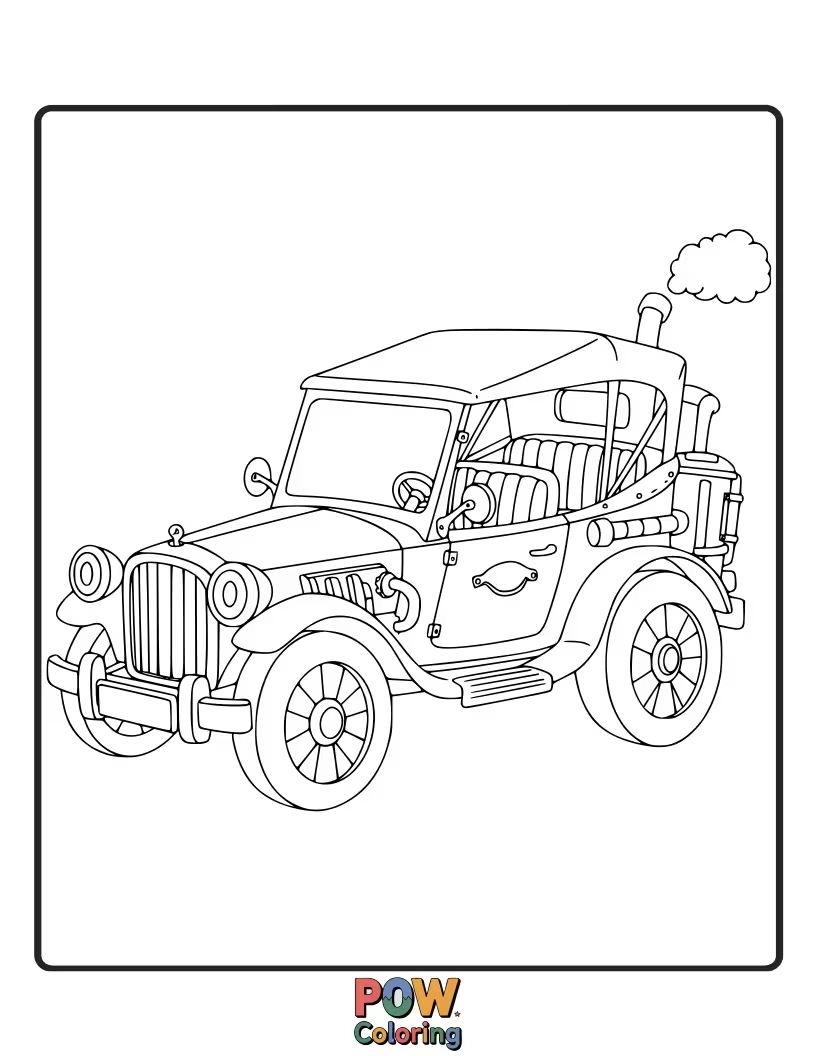 Free coloring page of An intricate race car with gears, pipes, and Victorian-inspired details, showcasing mechanical artistry.