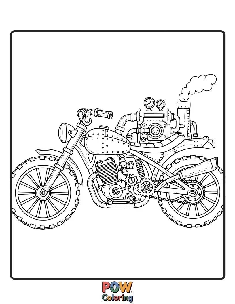 Free coloring page of A Victorian-era inspired dirt bike with gears, pipes, and steam emitting from its engine.