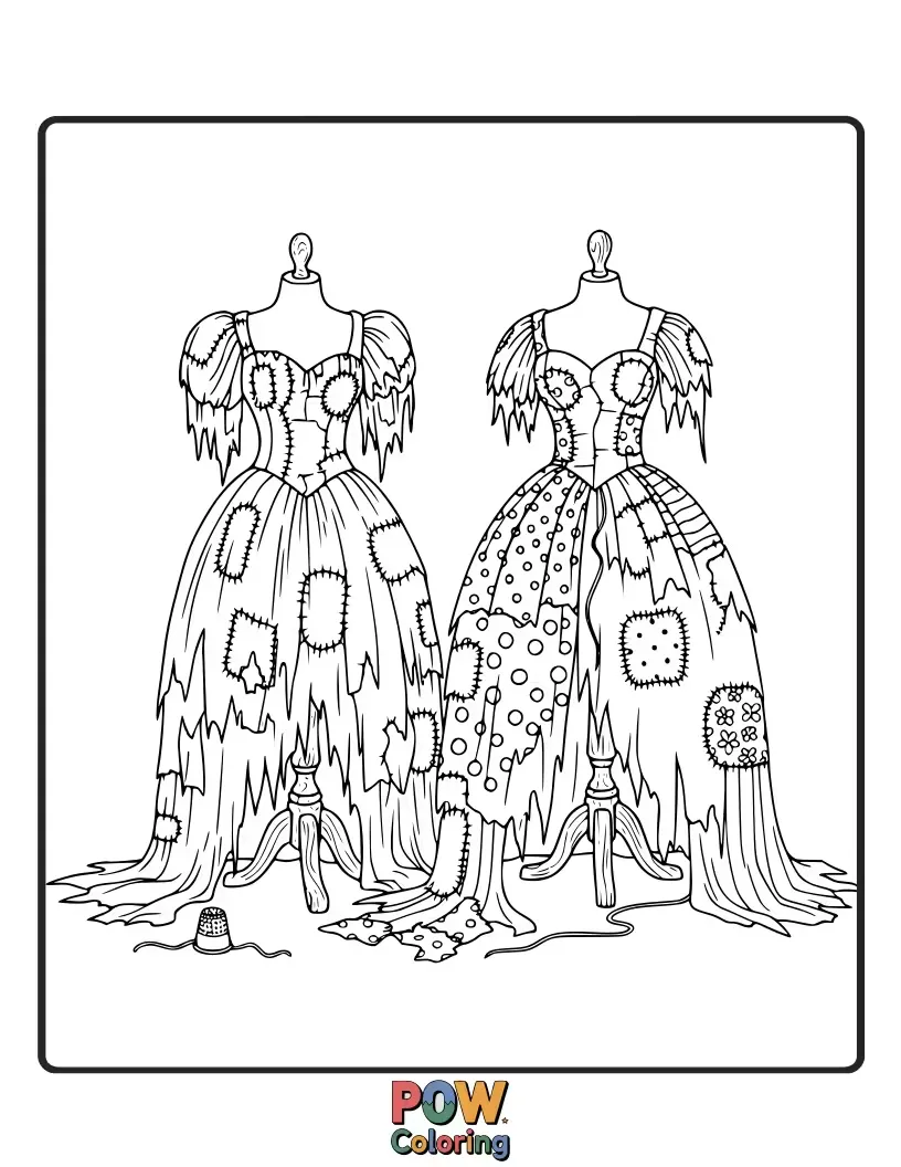 Free coloring page of The stepsisters proudly displaying their comically ill-fitting and torn homemade dresses.