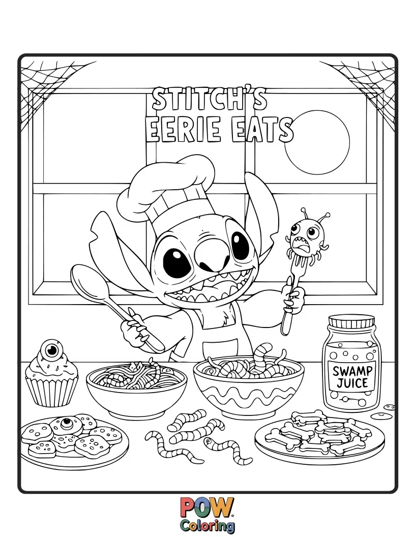 Free coloring page of Stitch, as a mummy, is trying to eat a giant, suspiciously wobbly jelly monster with a surprised face.