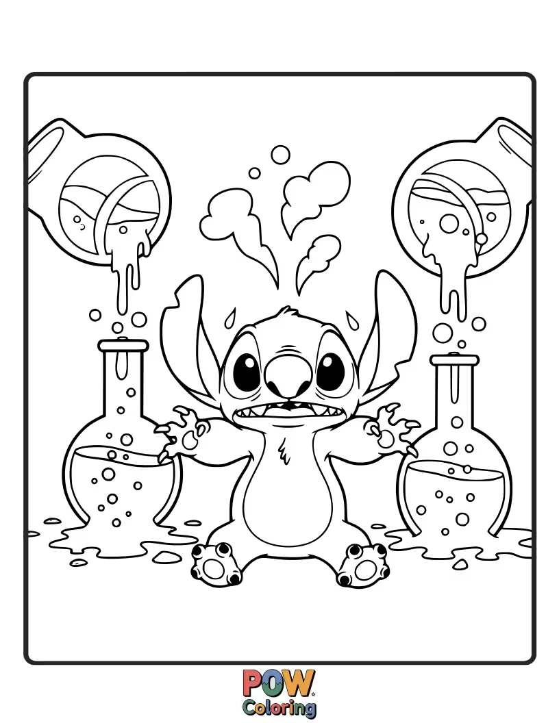 Free coloring page of Stitch accidentally spills a colorful, bubbly potion all over his costume, looking comically messy.