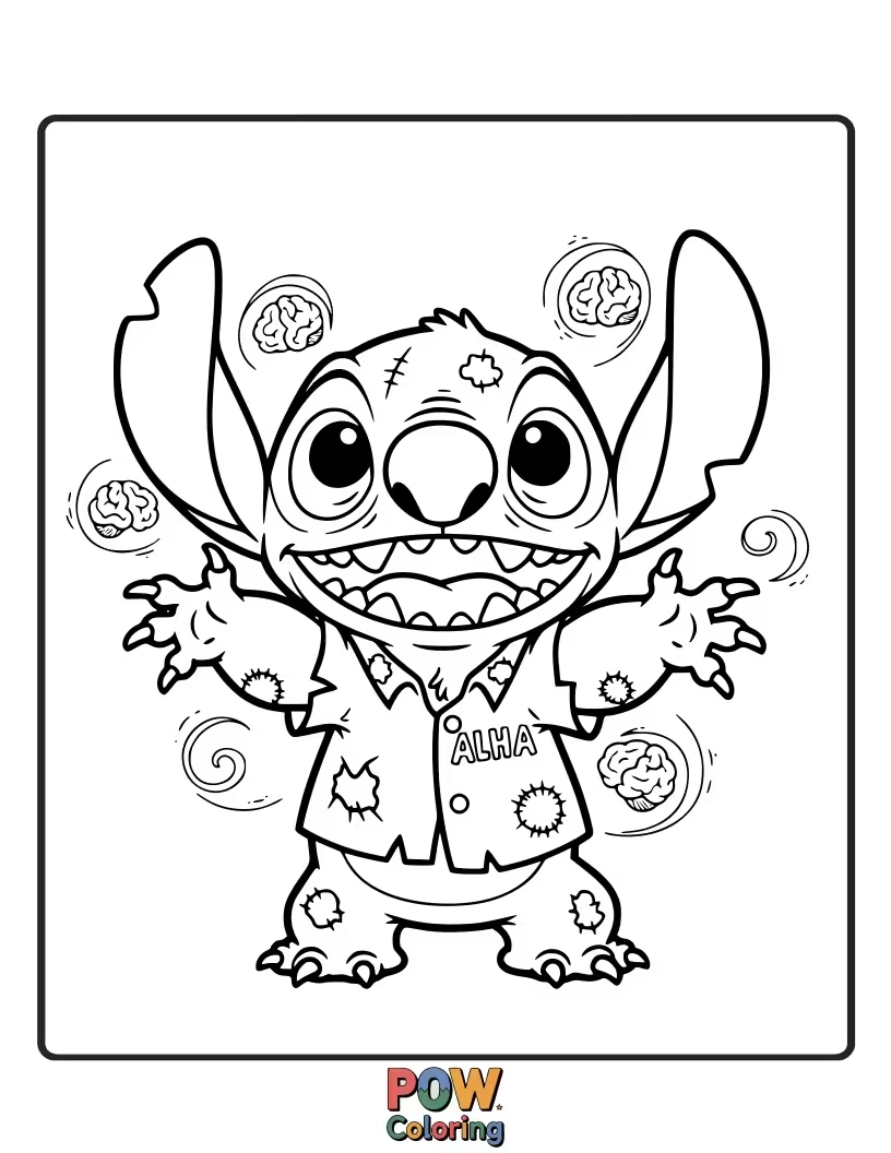 Free coloring page of Stitch, dressed as a clumsy zombie, trips over a tombstone, sending candy flying everywhere.