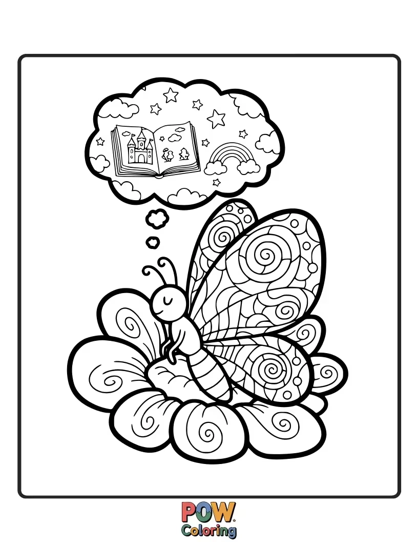 Free coloring page of A gentle butterfly with pages of a book for wings, reading a story to a tiny sleeping mouse.