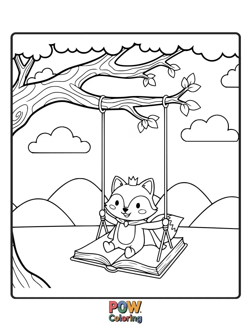 Free coloring page of A beloved storybook character enjoys a magical swing made of giant, open book pages.