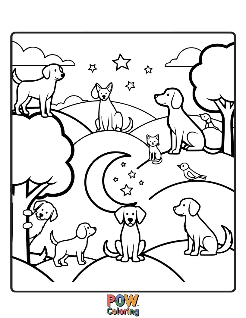 Free coloring page of Beautiful dogs depicted as elegant silhouettes against a backdrop of a charming storybook scene, emphasizing outline and form.