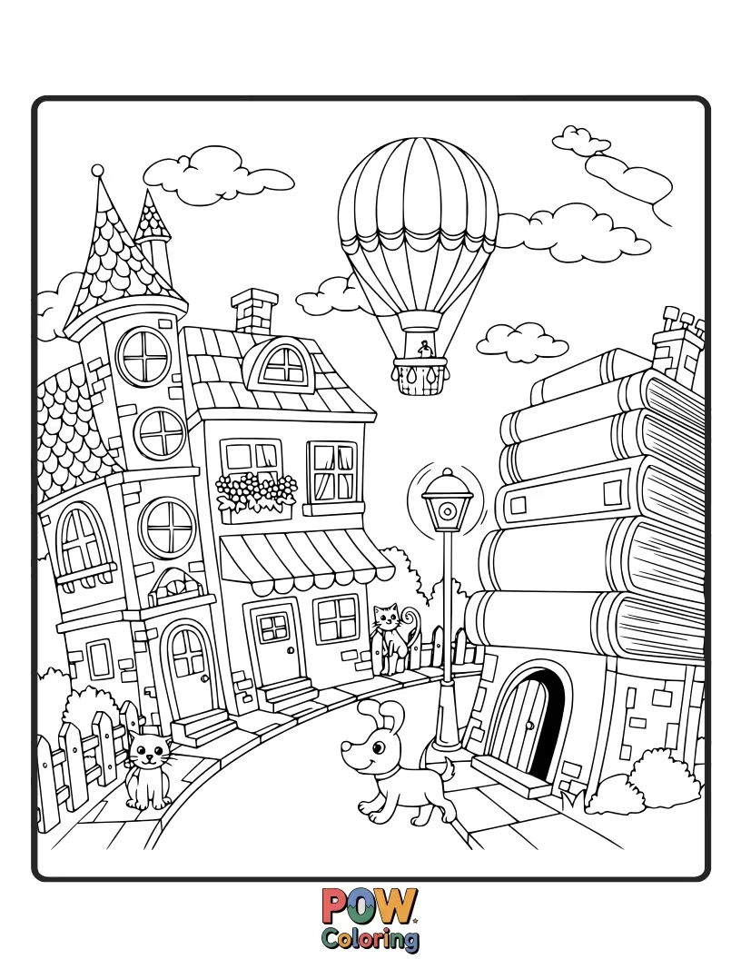 Free coloring page of Buildings resembling pages from a storybook, with characters peeking out. A literary city waiting to be colored.