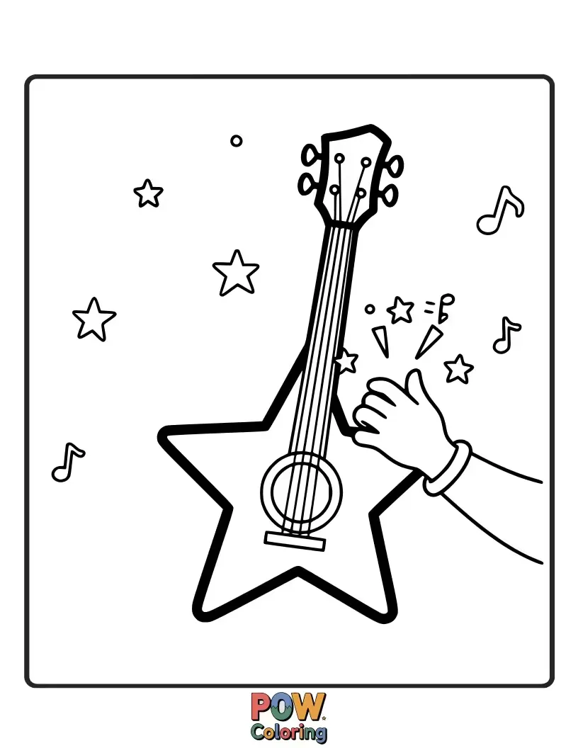 Free coloring page of A whimsical guitar with musical notes dancing around its soundhole, ready for a starry performance.