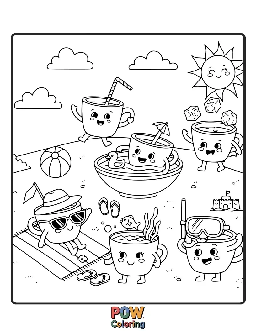 Free coloring page of Lively cups with sunglasses and beach balls, having a blast on a sunny beach with crashing waves.