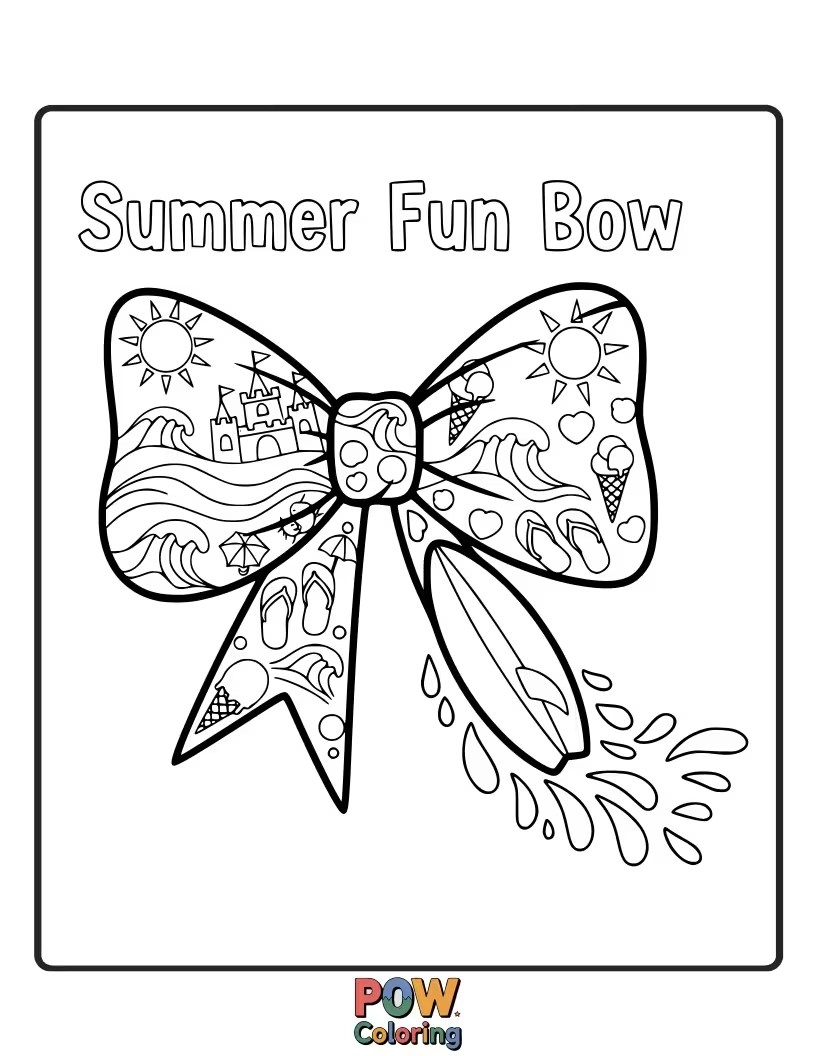 Free coloring page of A vibrant bow with sunshine, playful waves, and beach balls, capturing the joyous spirit of summer days.