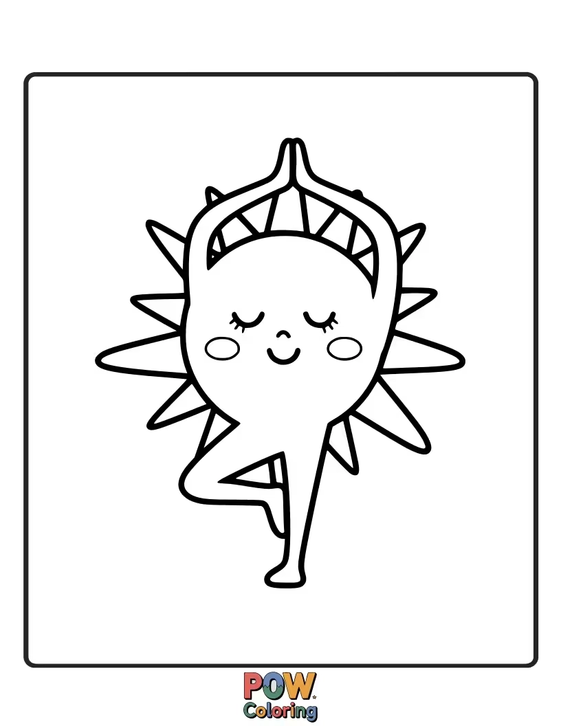Free coloring page of A meditating sun, contorted into a peaceful yoga pose. Find your inner calm while coloring this serene scene.