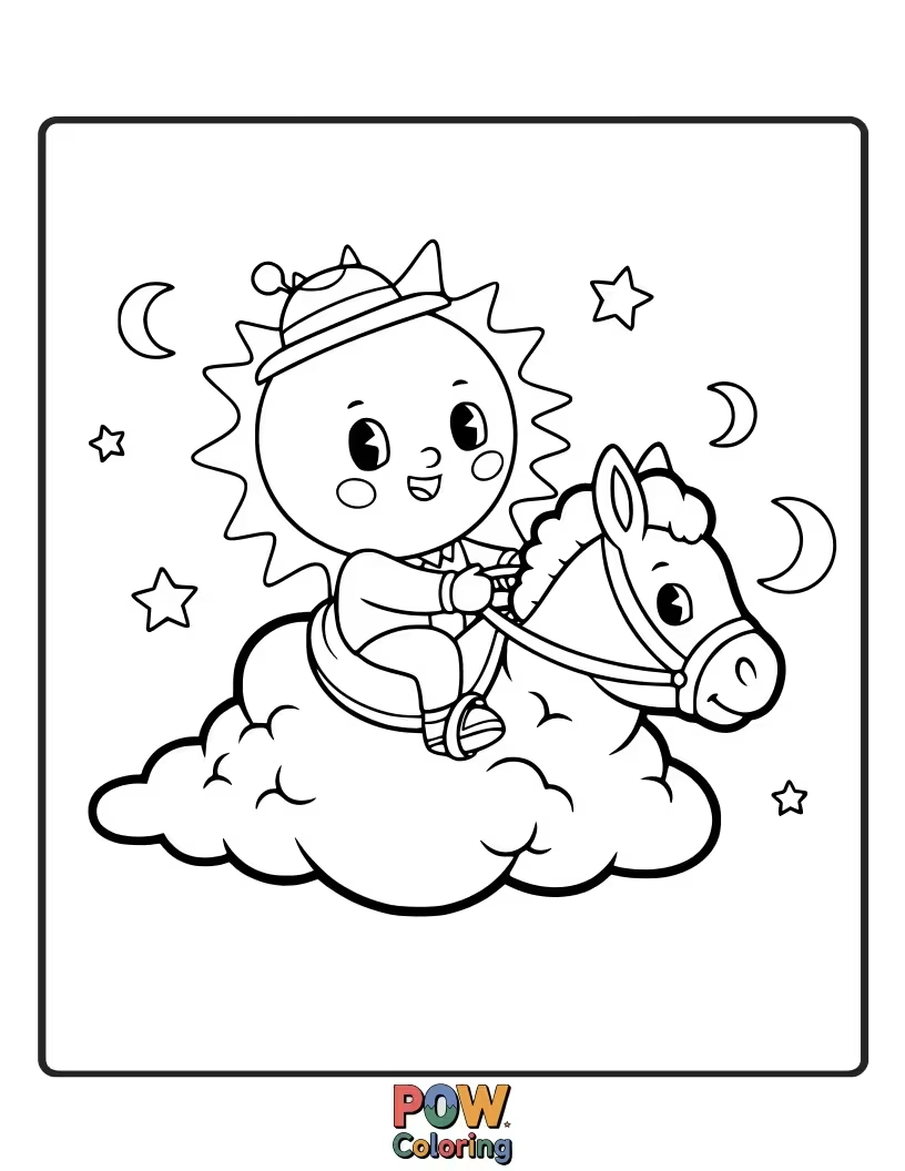 Free coloring page of A happy sun is joyfully riding on a fluffy cloud, like a cosmic skateboard. Explore your imagination!