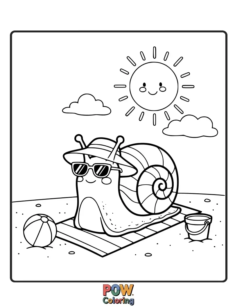 Free coloring page of A tiny snail wearing sunglasses and a sun hat, happily sunbathing on a warm, sandy beach.