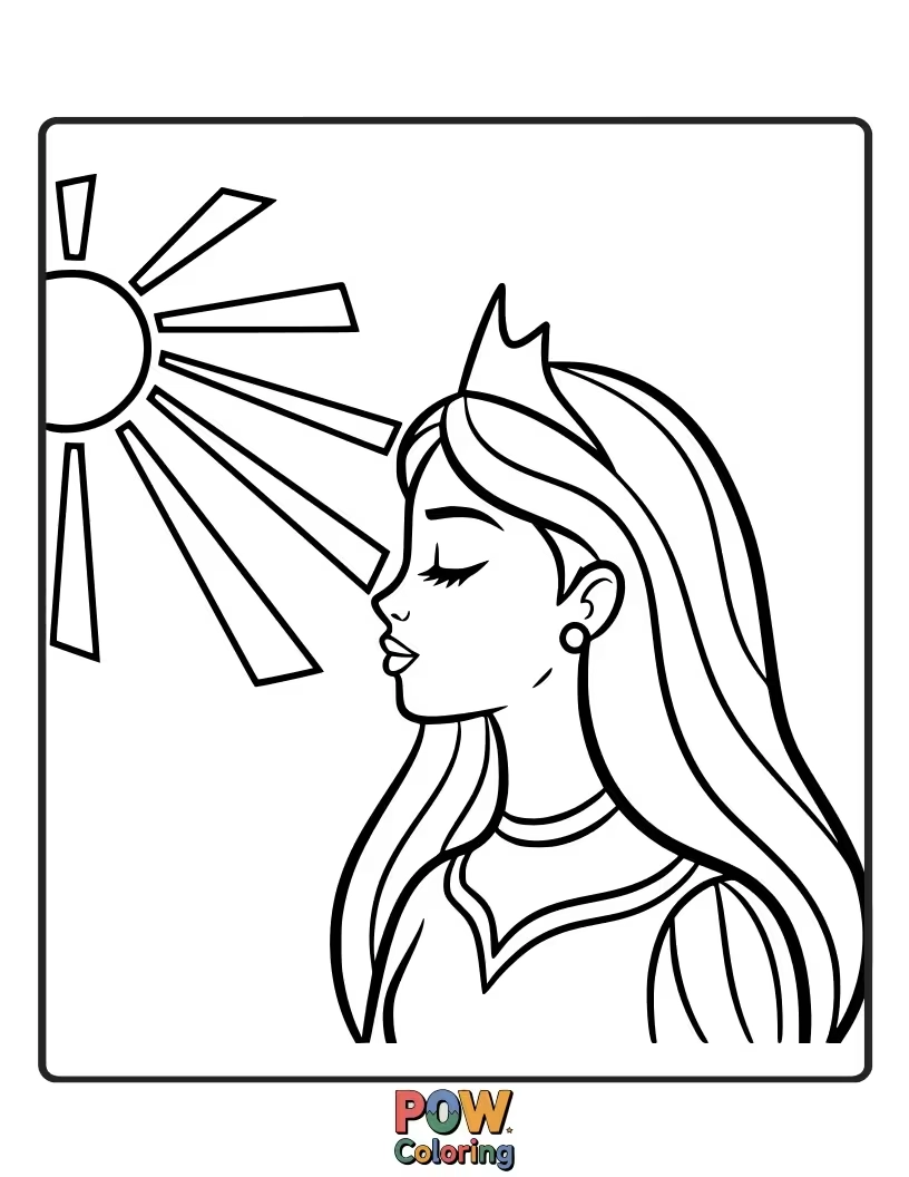Free coloring page of A radiant princess bathed in warm sunbeams, with a bright smile on her face.