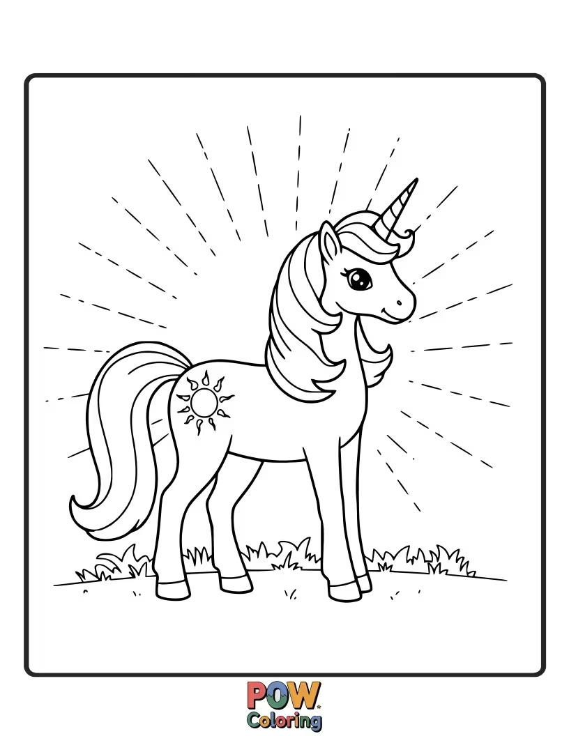 Free coloring page of Serene unicorn bathed in warm sunbeams, with a gentle smile.