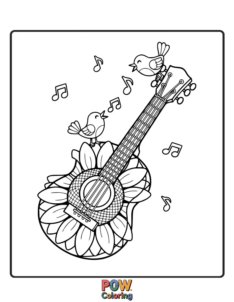 Free coloring page of A guitar adorned with blooming sunflowers and swirling vines, bathed in warm sunlight.