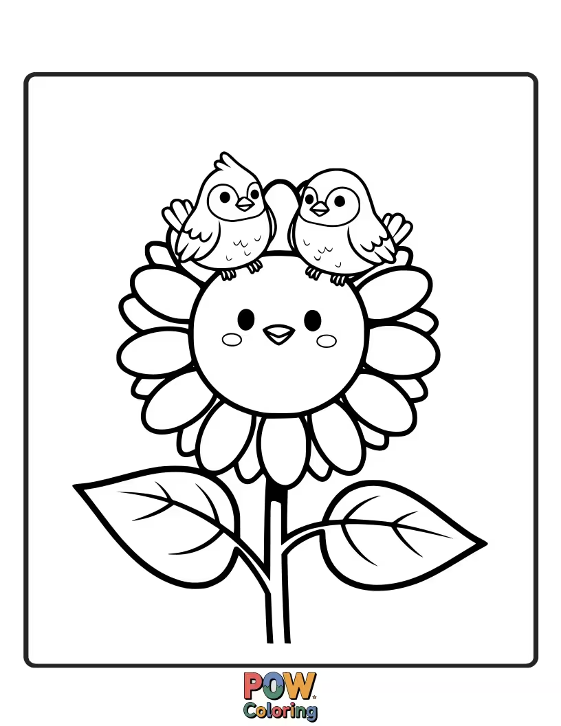 Free coloring page of A group of cheerful birds perched on and around a giant, smiling sunflower.