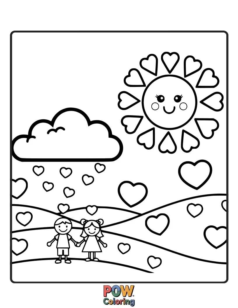 Free coloring page of Smiling suns radiating heart-shaped rays over a field of blooming hearts. Bright and happy.