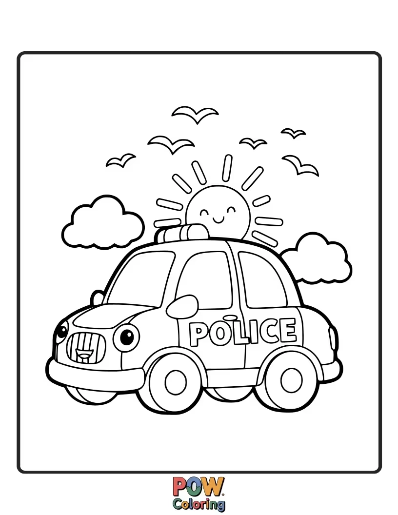 Free coloring page of Sunny day police car, beaming, with sunglasses and a wide smile, enjoying a bright, cheerful day of patrol.