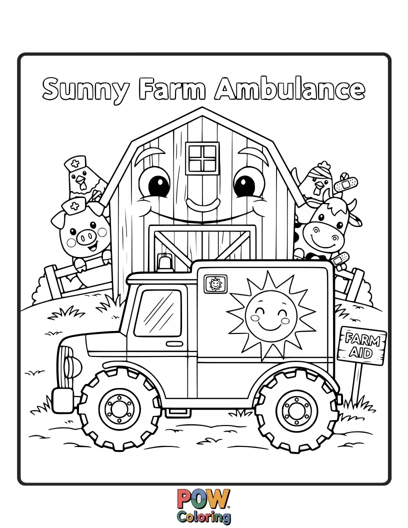 Free coloring page of A happy ambulance with farm animal decorations, ready to help on the farm.