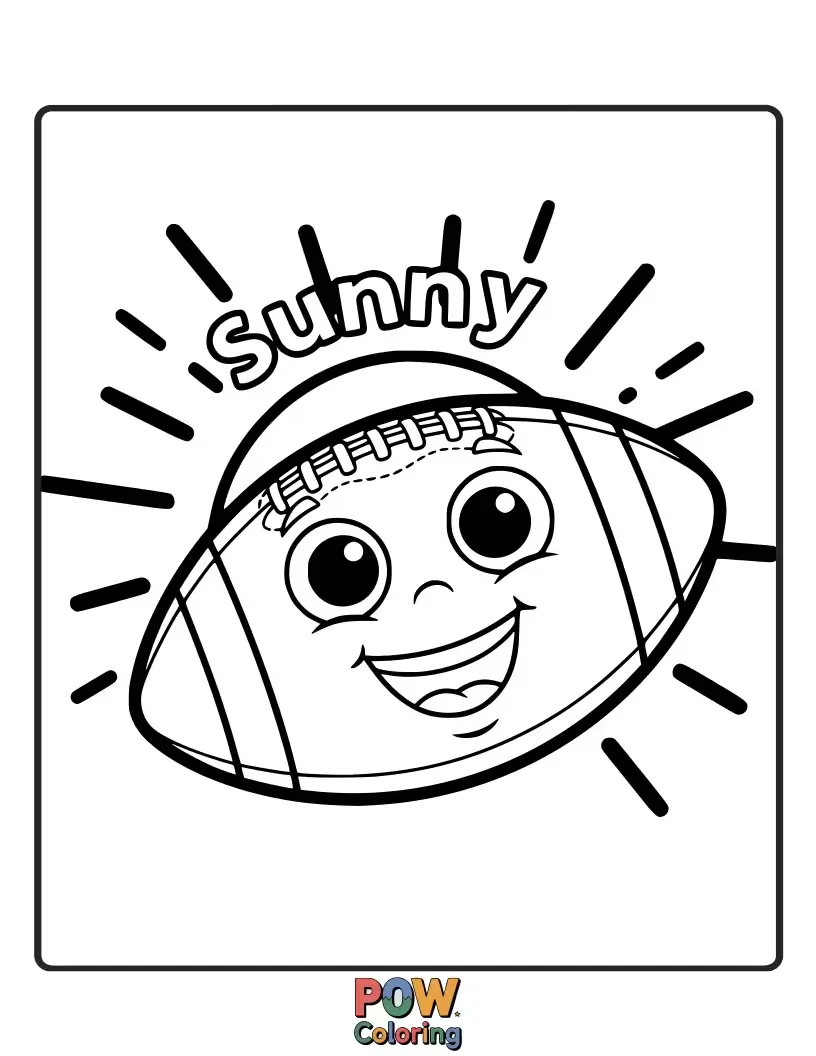 Free coloring page of A beaming sun character, radiating joy and kicking a football with cheerful abandon. Bright and happy.