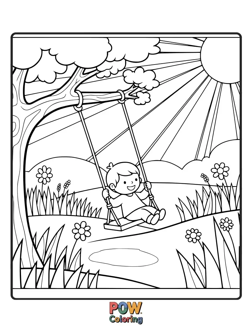 Free coloring page of A contented cow rests on a daisy-chain swing, swaying gently in a field of vibrant wildflowers and buzzing bees.