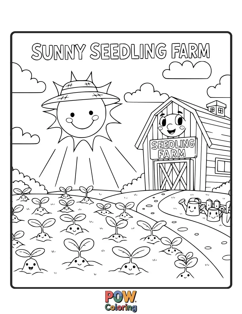 Free coloring page of Tiny, smiling seedlings popping up from the earth, surrounded by friendly ladybugs.
