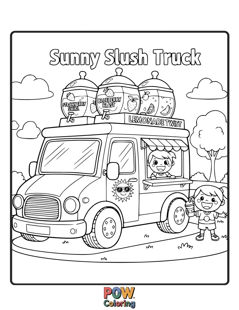 Free coloring page of A bright and cheerful food truck with a sun on top, serving refreshing slushies with happy ice cubes.