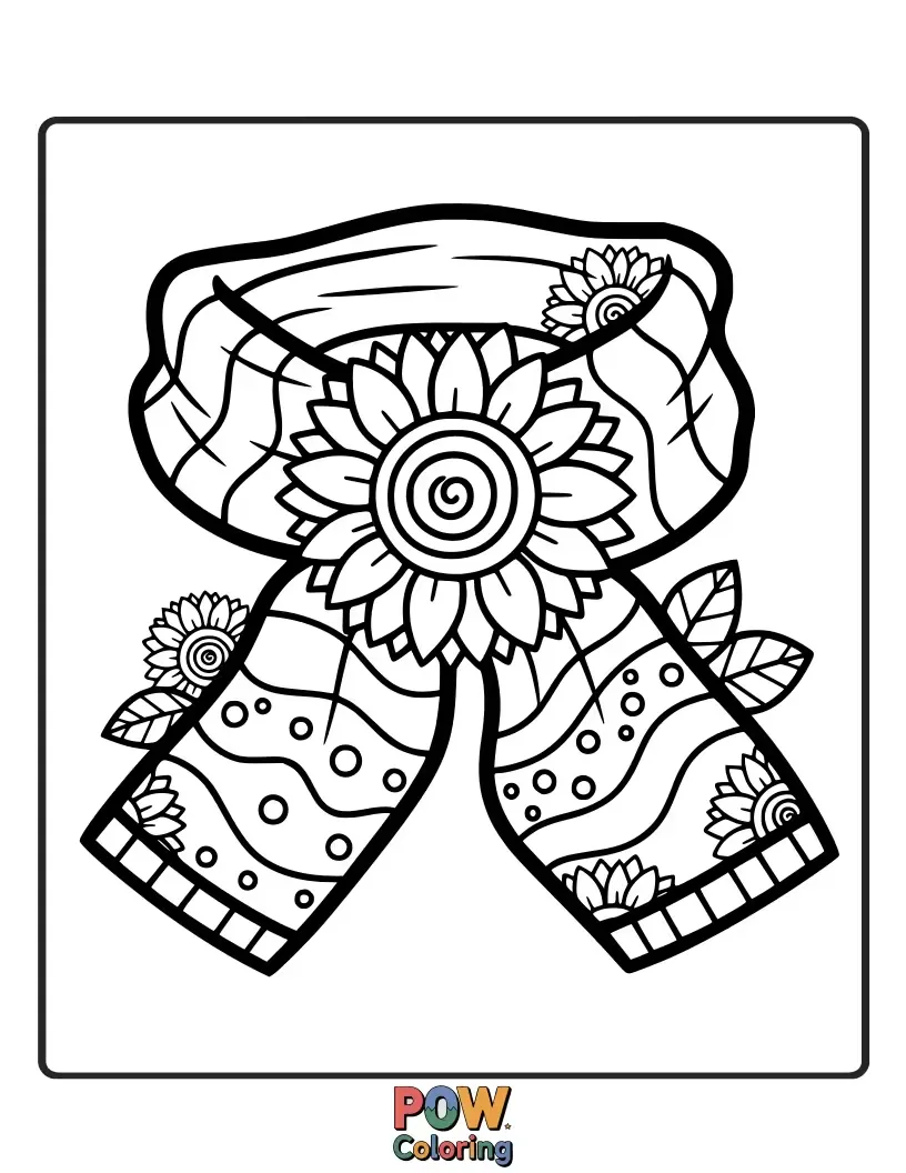 Free coloring page of A cheerful sunflower wearing a bright, patterned scarf. Let the sunshine inspire your most vibrant color choices.