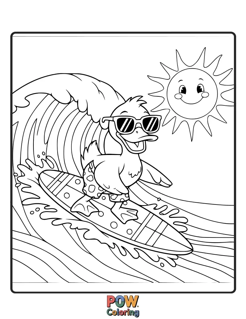 Free coloring page of Ride the waves with this cool duck catching a thrilling surf on a sunny beach.