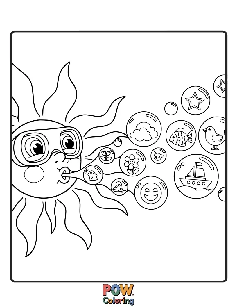 Free coloring page of This sun is blowing a giant, iridescent bubble. Can you color the bubble with all the colors of the rainbow?