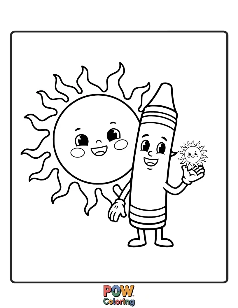 Free coloring page of This sun is holding a giant crayon, coloring the sky with vibrant hues. Inspire your own art!