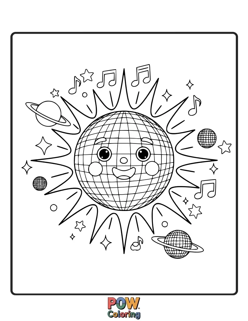 Free coloring page of A sun that looks like a disco ball, shining and sparkling! Get ready to color a groovy, vibrant scene.