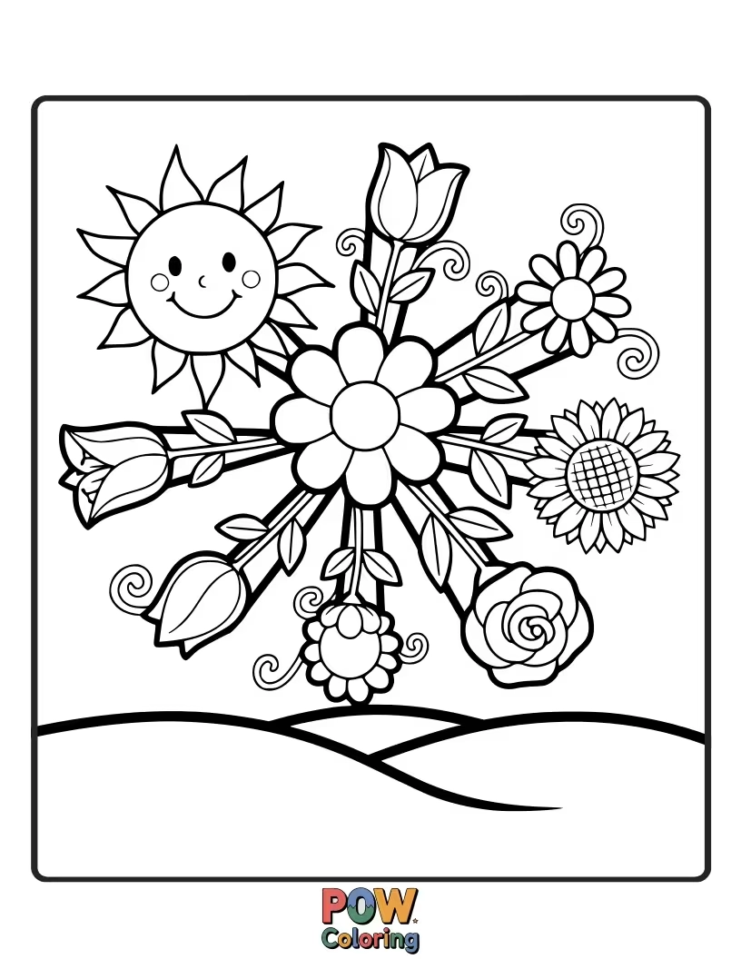 Free coloring page of A smiling sun surrounded by blooming flowers, sharing its warmth and beauty. A garden of colors awaits!