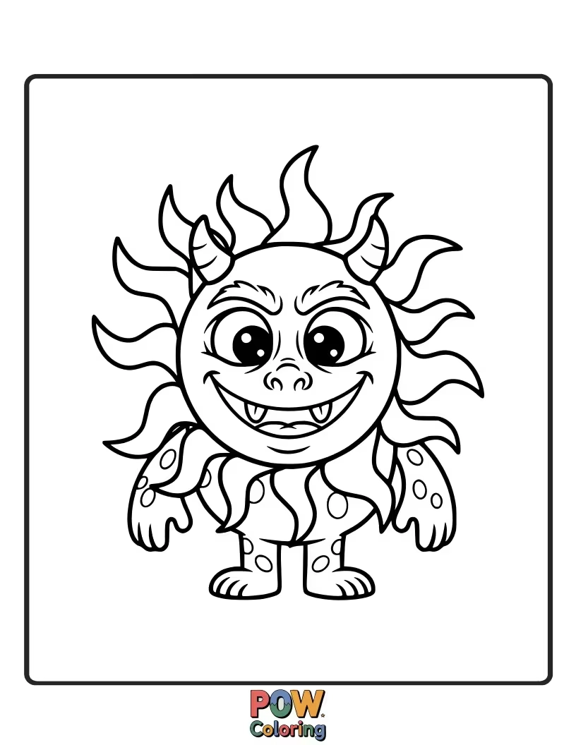 Free coloring page of A cute, fuzzy monster that looks like a sun, with friendly eyes and a big smile. Unexpectedly adorable!