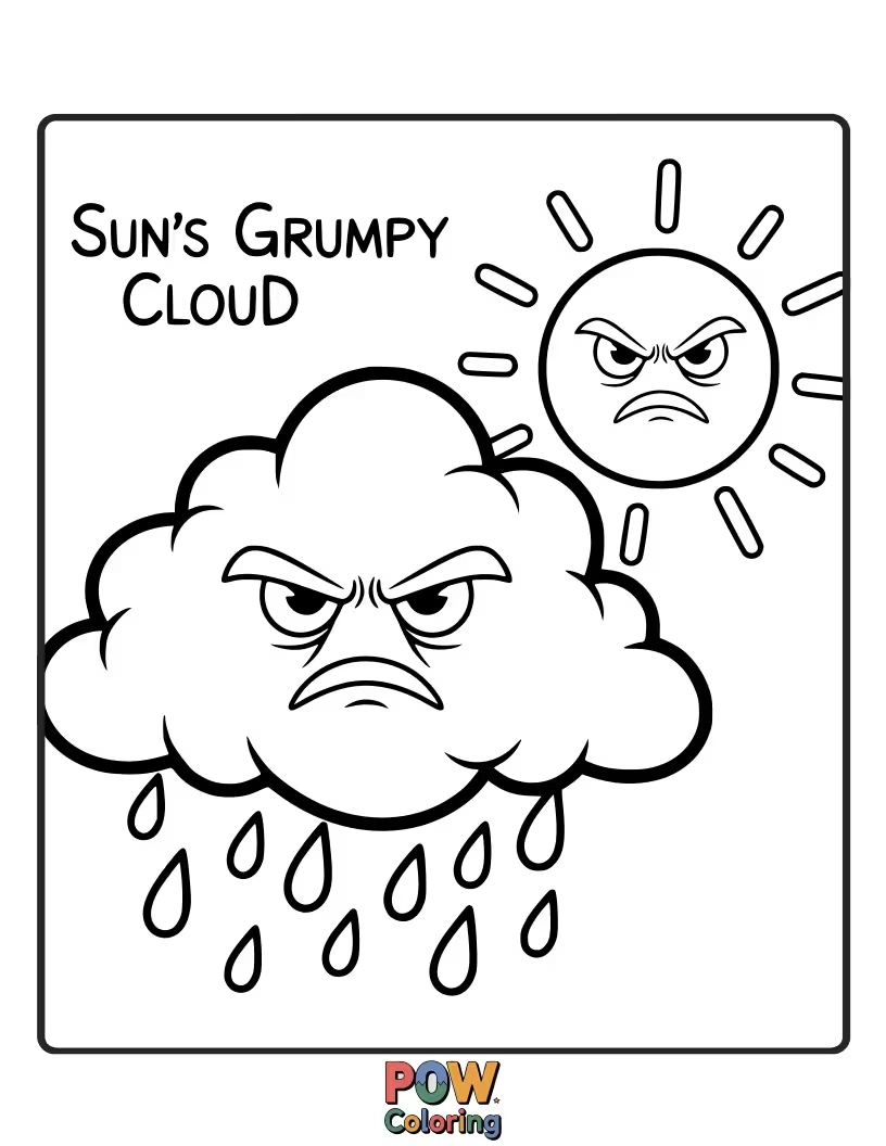 Free coloring page of This sun is trying to cheer up a grumpy little cloud with its warm rays. Can you make them both smile?