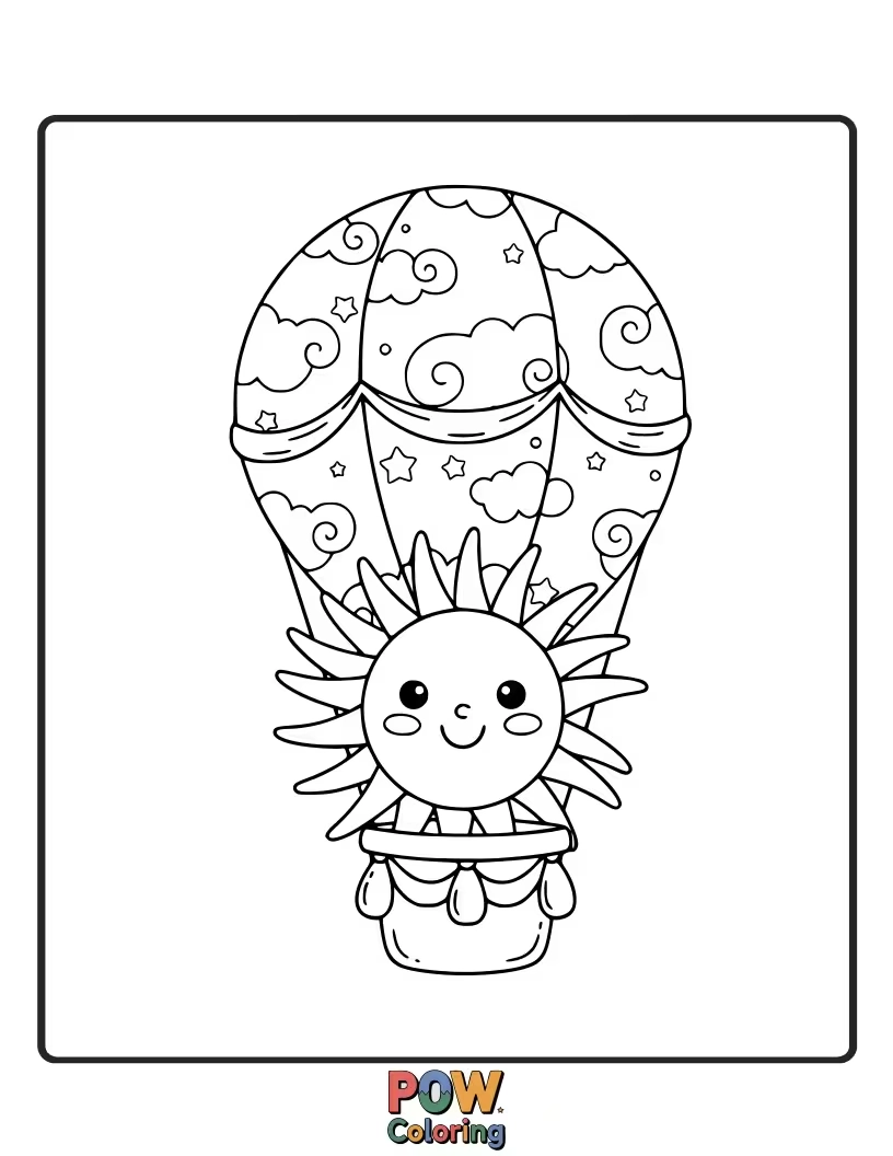 Free coloring page of This sun is floating in the sky inside a colorful hot air balloon. A peaceful journey awaits.