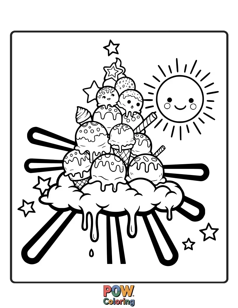 Free coloring page of A sun peeking out from behind a cloud shaped like an ice cream cone. A sweet, sunny surprise!