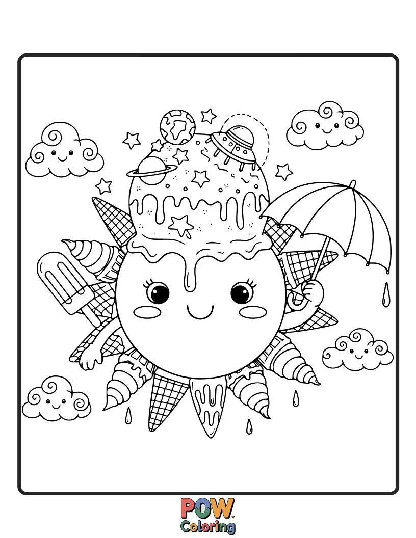 Free coloring page of A happy sun is holding a melting ice cream cone, enjoying a sweet, sunny day. So delightful!