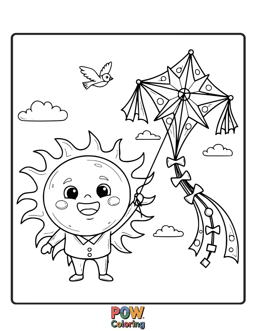 Free coloring page of A happy sun holding onto a kite string, flying a colorful kite high in the sky. Soarin'!