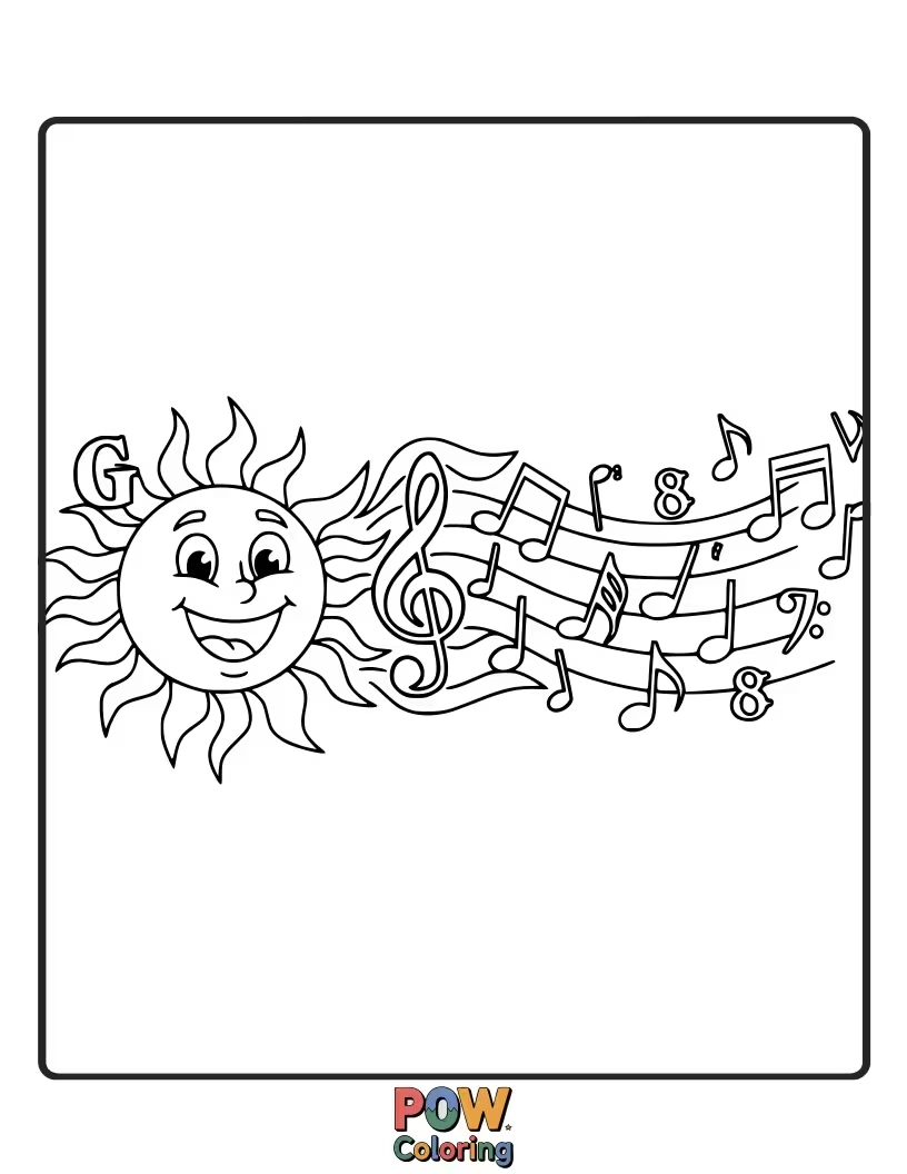 Free coloring page of A sun shaped like a musical note, radiating cheerful melodies. Color this happy tune!