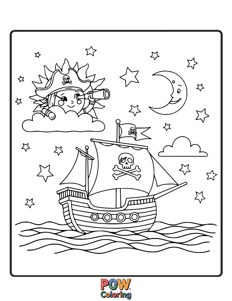 Free coloring page of A swashbuckling sun wearing a pirate hat and an eyepatch, searching for treasure! Arrr, matey!