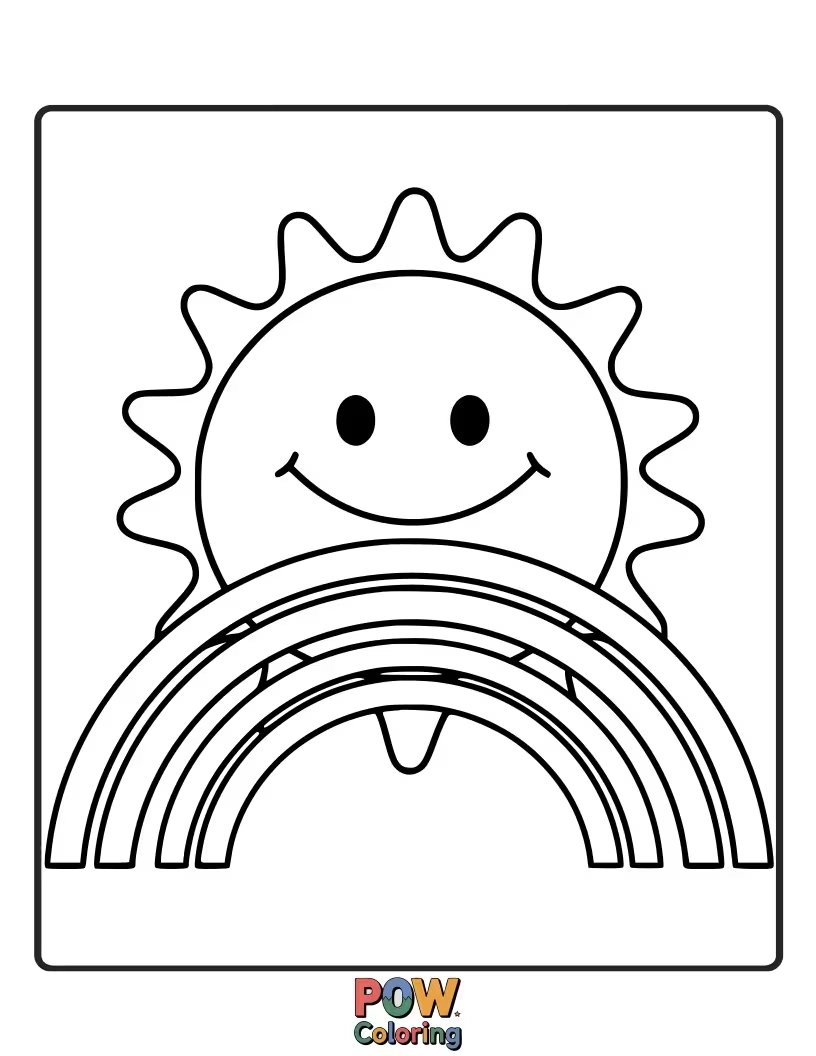 Free coloring page of The sun has a big, bright smile, and its rays are transforming into a beautiful rainbow. Color this joyful scene!