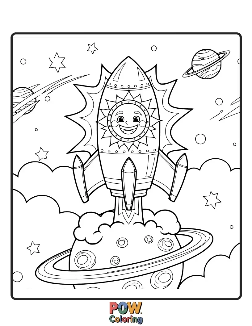 Free coloring page of This sun is blasting off in a rocket ship, exploring the galaxy! Where will its colors take you?