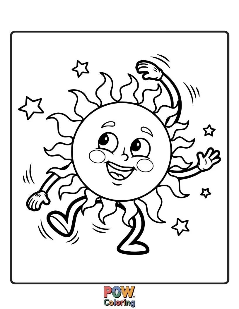 Free coloring page of This sun is busting some silly moves, dancing with joy! Add some bright, energetic colors to its moves.