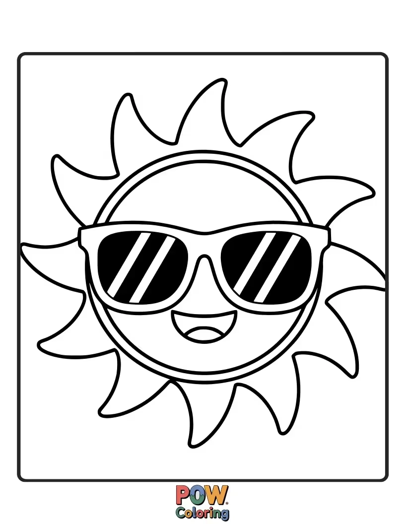 Free coloring page of A sun wearing oversized, funky sunglasses, looking super cool and ready to party. Add some neon colors!