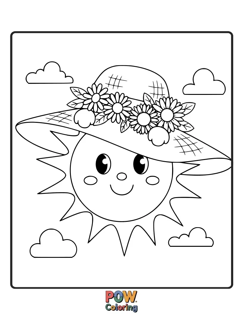Free coloring page of This sun is accessorizing with a stylish sun hat, keeping its sunny disposition protected. Add your favorite patterns!