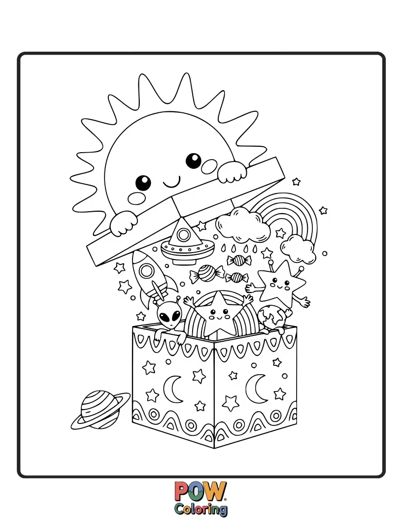 Free coloring page of The sun is opening a surprise gift box, its rays bursting out with excitement. What's inside?